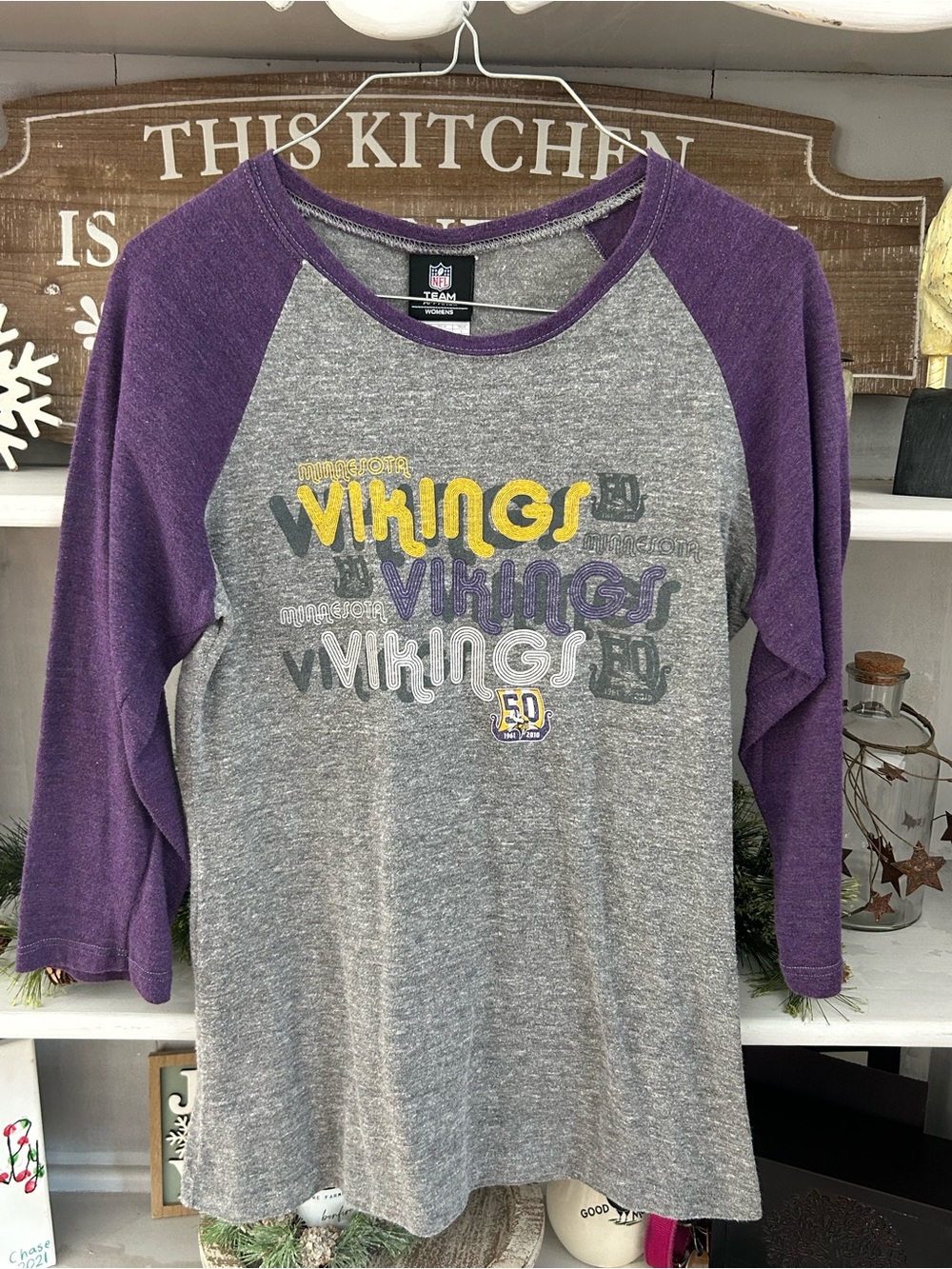 NFL Women's Minnesota Vikings Gray & Purple Raglan Long Sleeve Tee